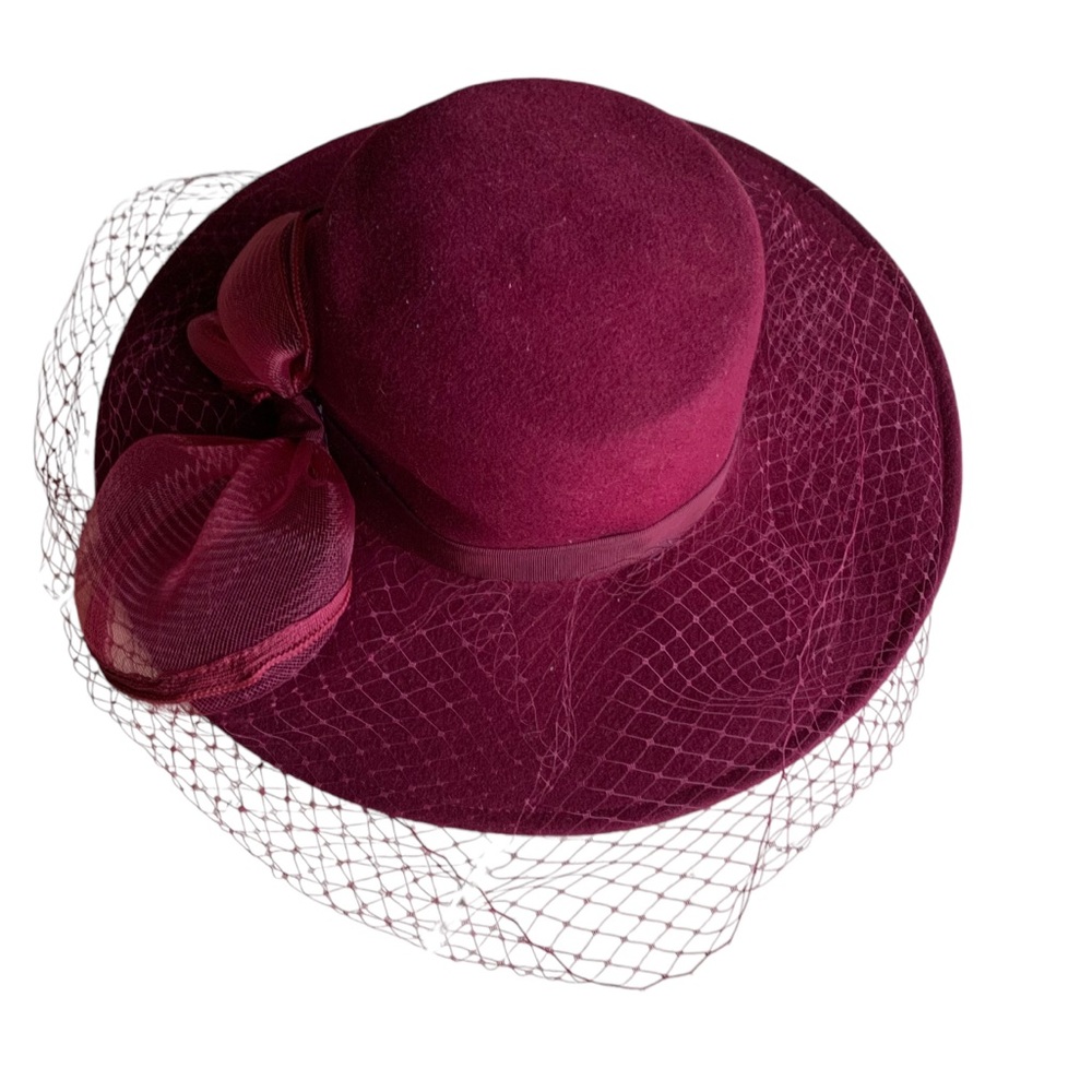 American Vintage magenta/maroon/wine colored hat with flower and veil
